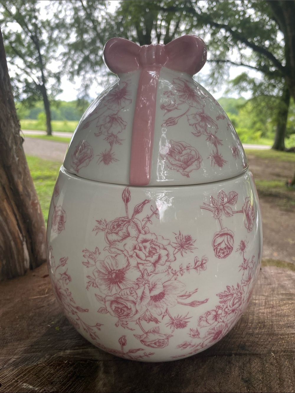 Pink Floral Ceramic Covered Jar with Bow Lid